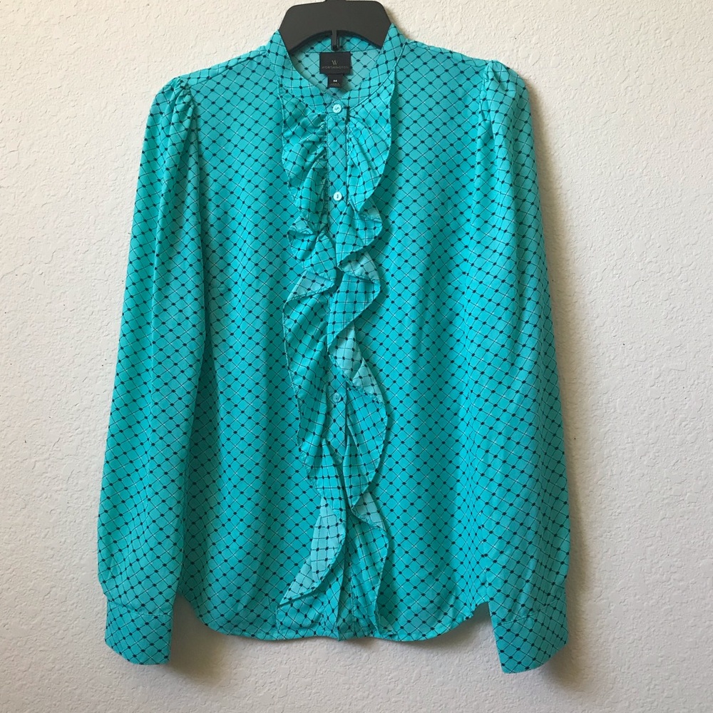 Worthington Teal Ruffle Front Button Down Shirt M